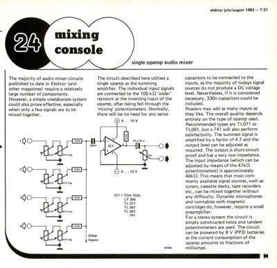 Mixing console - single opamp audio mixer