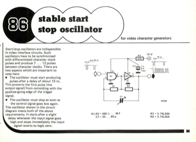 Stable start/stop oscillator - for video character generators