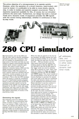 Z80 CPU simulator - uP addresses, data, and control signals in either static (manual) or dynamic (real-time) mode.