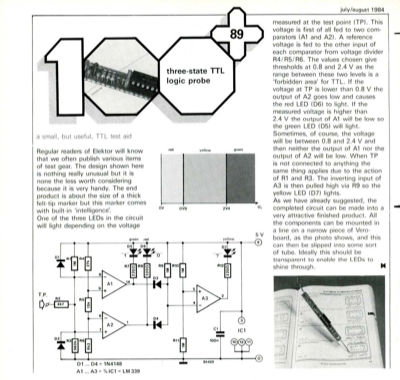 three-stat TTL logic probe - a small, but useful, TTL test aid