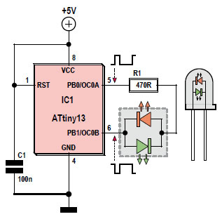 AVR and 8051 drive 2-colour LEDs