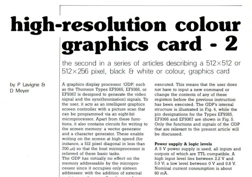 high resolution colour graphics card (part 2) - the second in a series of articles describing a 512x512 or 512x256 pixel, black 8- white or colour, graphics card